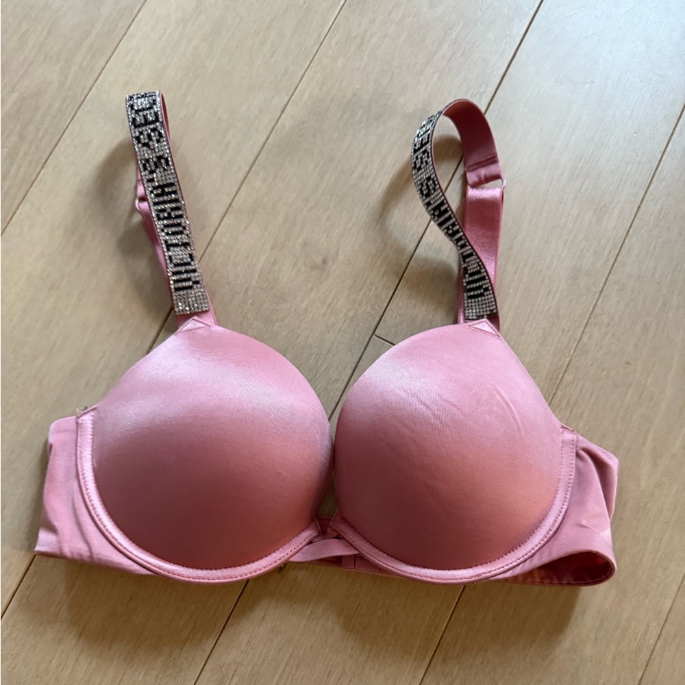 Victoria's Secret Satin Pink Padded Bra with Jeweled Straps